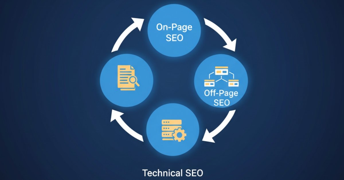  แผนภาพแสดงเสาหลัก 3 ประเภทของการทำ SEO: On-Page, Off-Page, และ Technical SEO