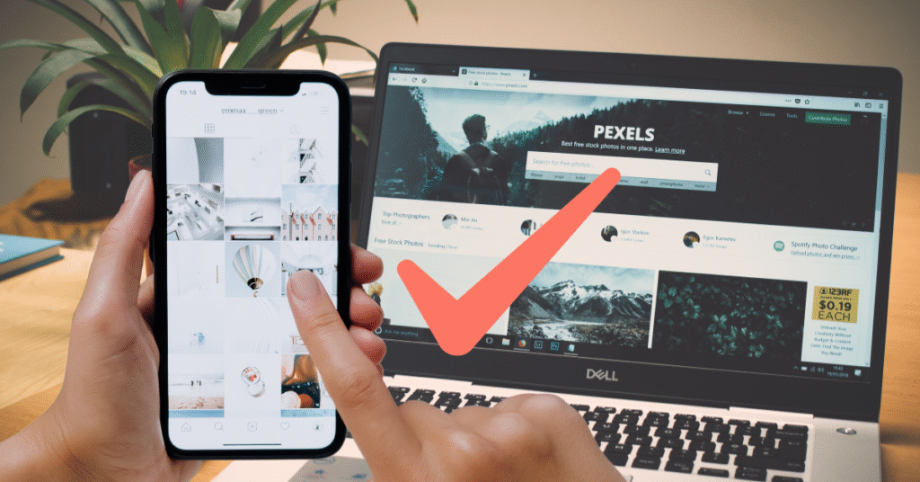 A graphic showing a professional business website on a laptop screen next to a social media profile on a phone, with a large checkmark over the website to symbolize credibility.