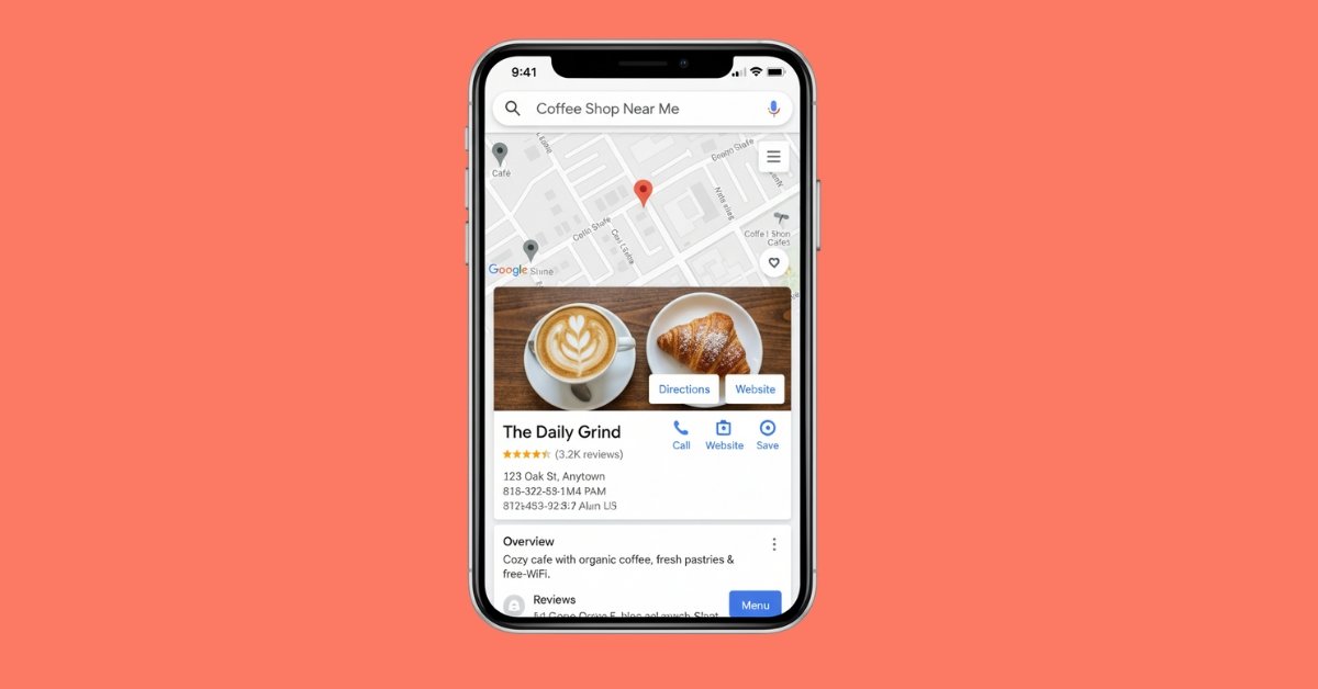 ภาพหน้าจอแสดงผลการค้นหา Local SEO ของร้านกาแฟบนมือถือ ที่มีร้านปรากฏบน Google Maps